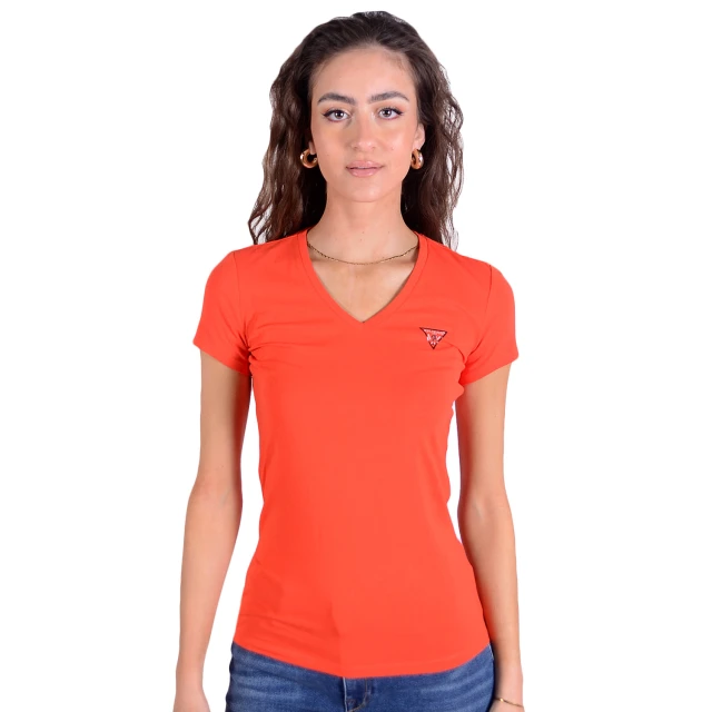 Guess Ss Vn Mini Triangle Tee Γυναικεια Μπλουζα Κοραλι