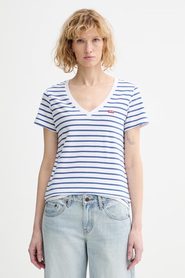 Levis PERFECT VNECK WHITES Γυναικεια Μπλουζα Λευκη-Μπλε Ριγε