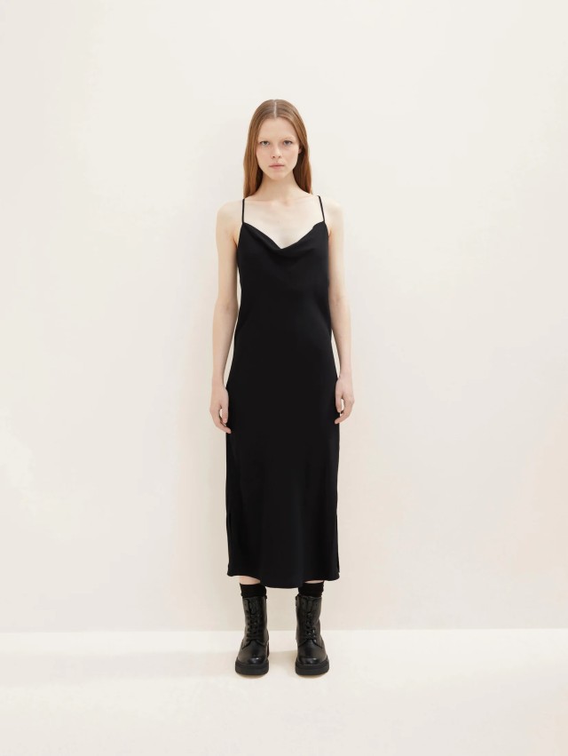 Tom Tailor Slip Dress Satin Solid Γυναικειο Φορεμα Μαυρο