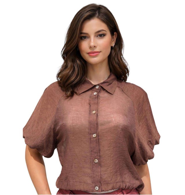 MarkUp Camicia Cropped In Mussola Con Coulisse Γυναικείο Πουκάμισο Crop Καφε