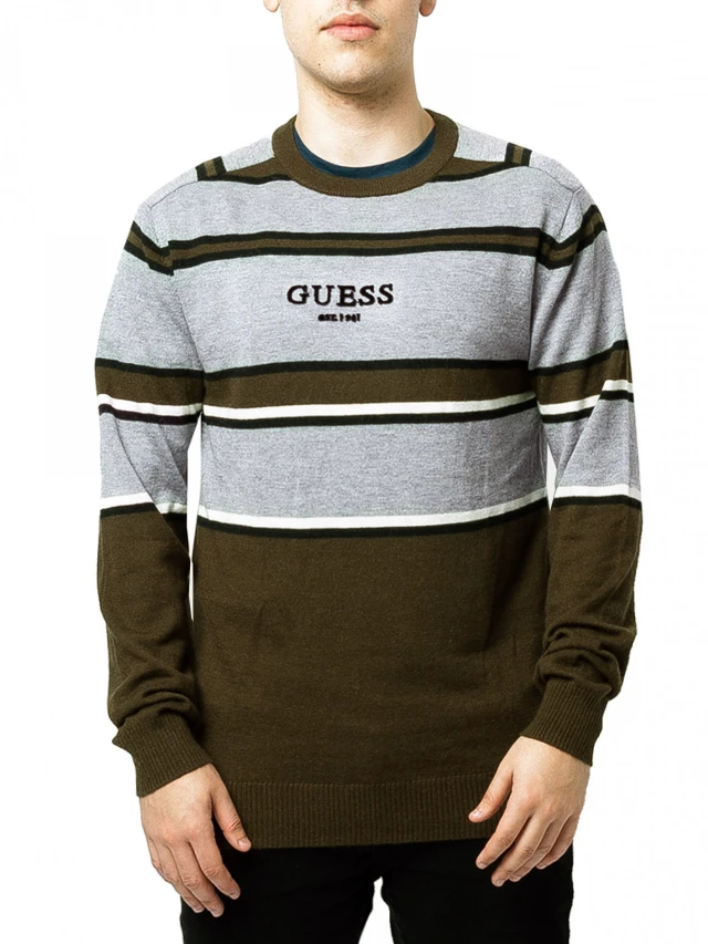 Guess Ls Cn Striped Sweate - Wooly Yarn Ανδρικο Πλεκτο Γκρι