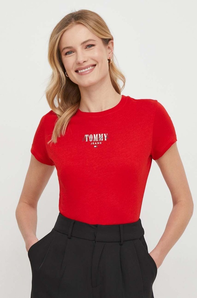 Tommy Hilfiger Tjw Slim Essntl Logo 1 Tee Ext Γυναικεια Μπλουζα Κόκκινη