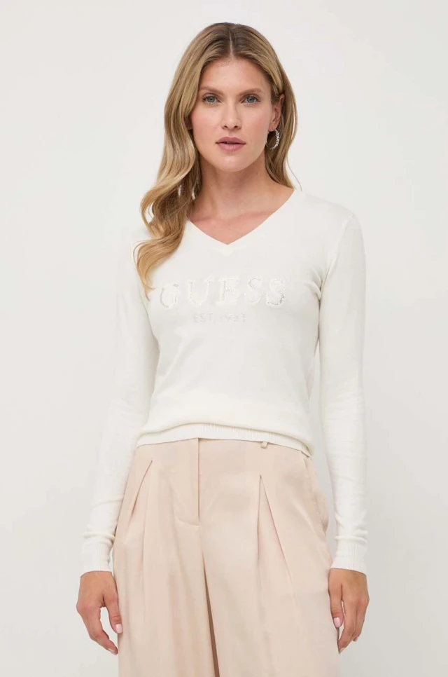 Guess Ls Vn Jade Logo Swtr Γυναικείο Πλεκτό Εκρού