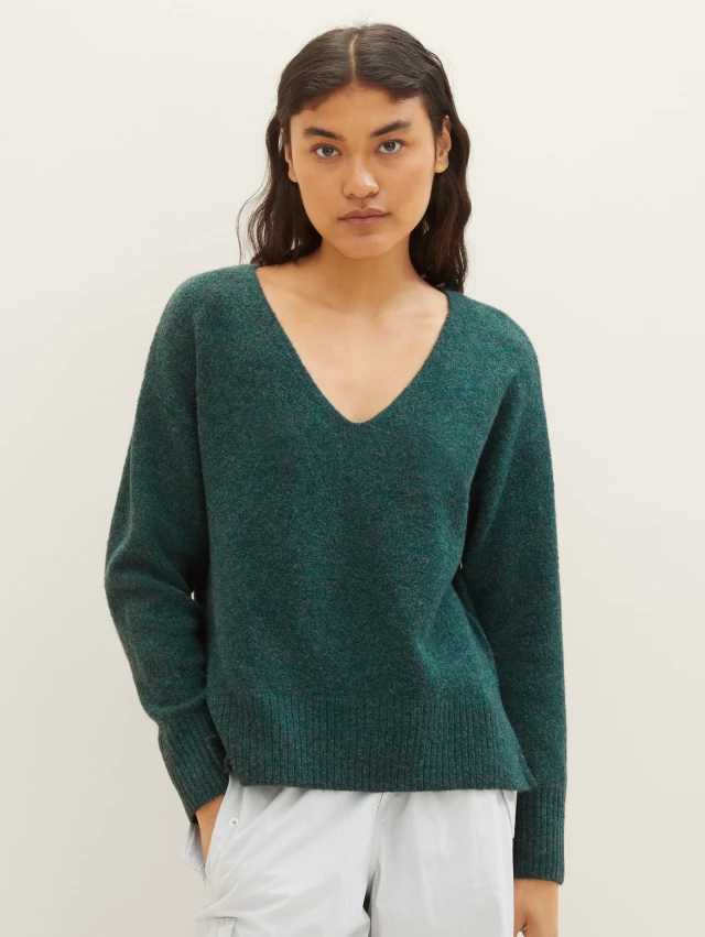 Tom Tailor Cozy V-Ne Γυναικείο Πλεκτό Πράσινο