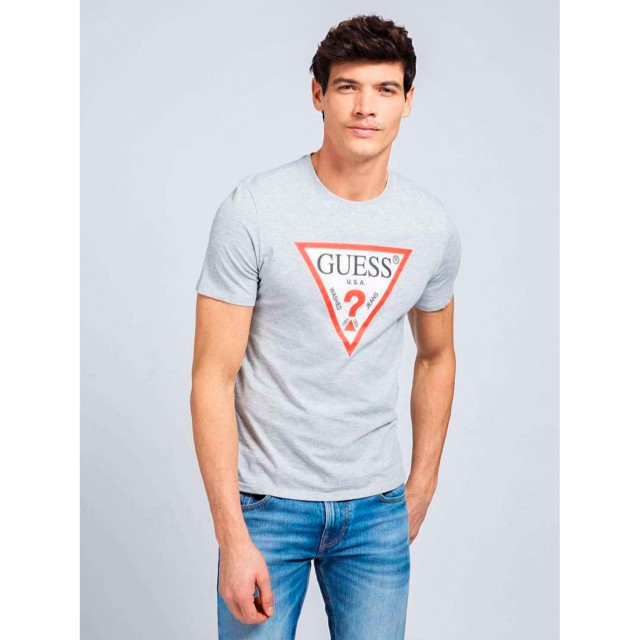 Guess Cn Ss Original Logo Tee Ανδρικη Μπλουζα Γκρι