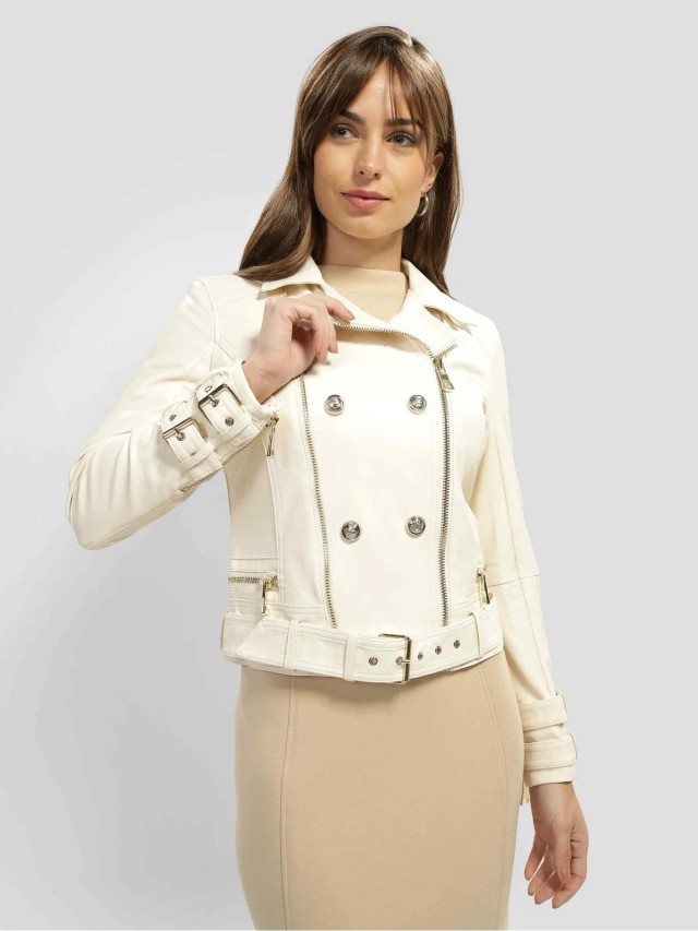 Guess Olivia Moto Jacket Γυναικειο Μπουφαν Εκρου