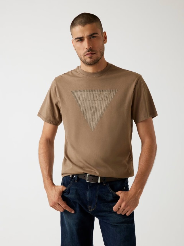 Guess Cn Ss Triangle Logo Tee Ανδρική Μπλούζα Καφέ