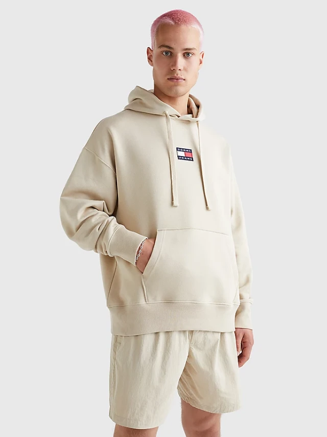 Tommy Hilfiger Tjm Tommy Badge Hoodie Ανδρικο Φουτερ Μπεζ