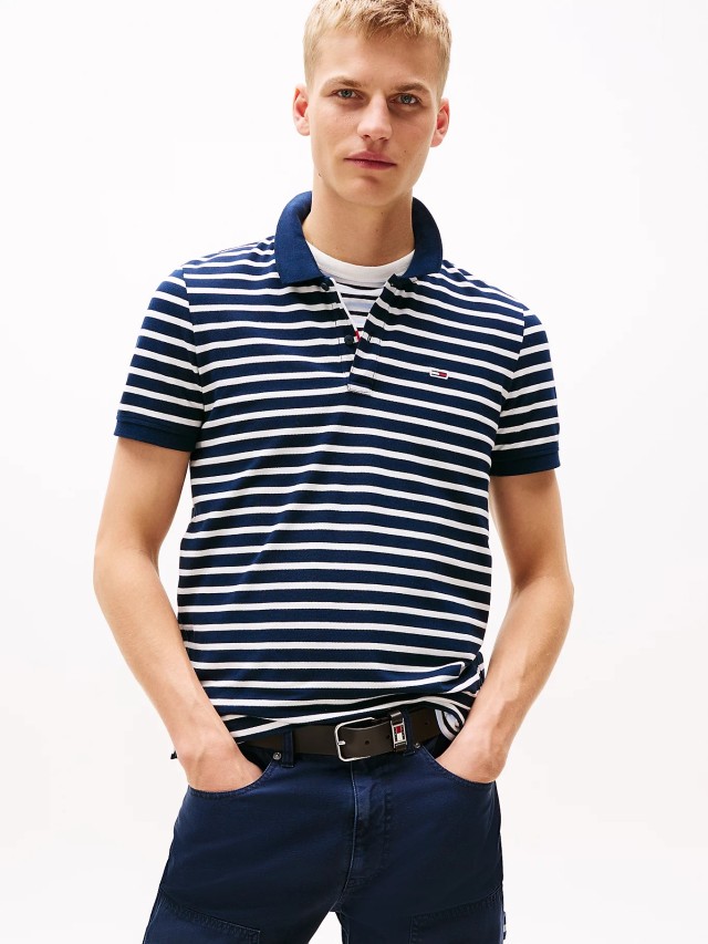 Tommy Hilfiger Tjm Slim Placket Polo Ext Ανδρική Μπλούζα Polo Ριγέ Μπλε Ασπρο