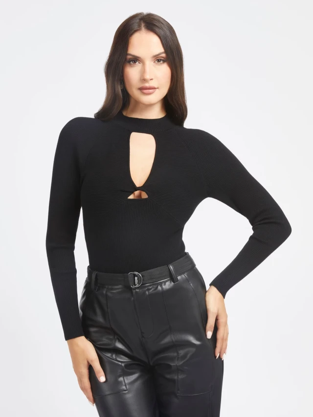 Guess Ls Twisted Cut Out Rubie Swtr Γυναικείο Πλεκτό Μαύρο