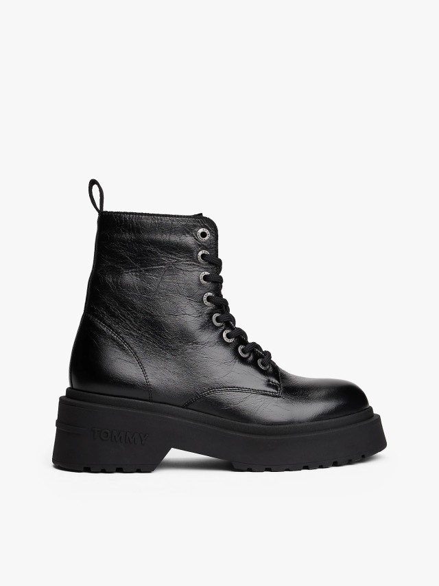 Tommy Hilfiger Tjw Chunky Shiny Leather Boot Γυναικεία Δερμάτινα Μποτάκια Μαύρο