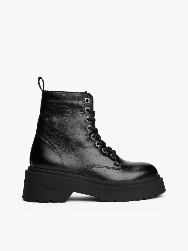 Tommy Hilfiger Tjw Chunky Shiny Leather Boot Γυναικεία Δερμάτινα Μποτάκια Μαύρο