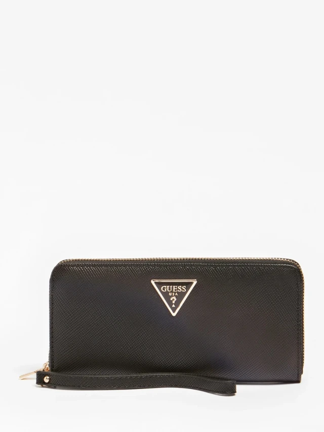 Guess Laurel Slg Large Zip Around Γυναικειο Πορτοφολι Μαυρο
