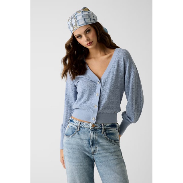 Guess Ls Vn Nina Cardi Stwr Γυναικεία Ζακέτα Πλεκτή Γαλάζιο