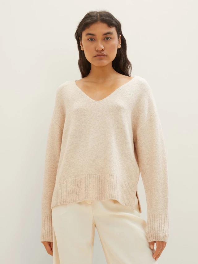 Tom Tailor Cozy V-Ne Γυναικείο Πλεκτό Μπεζ