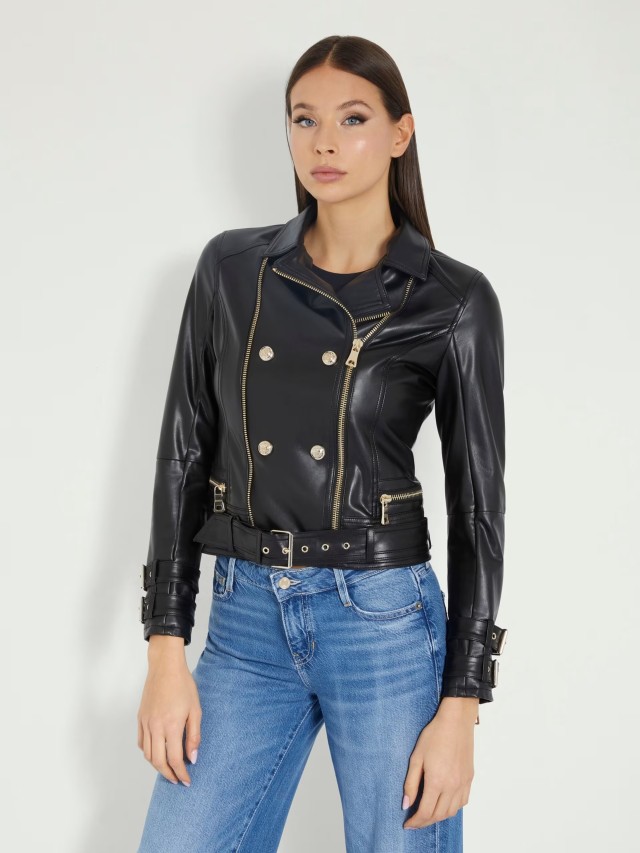 Guess Olivia Moto Jacket Γυναικειο Μπουφαν Μαυρο