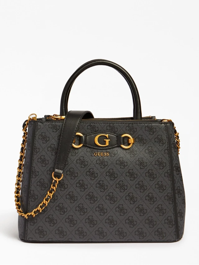 Guess Izzy Status Satchel Γυναικεια Τσαντα Ανθρακι
