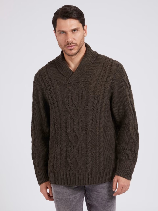 Guess Ls Kyle Cable Shawl Pullover Ανδρικο Πλεκτο Λαδι