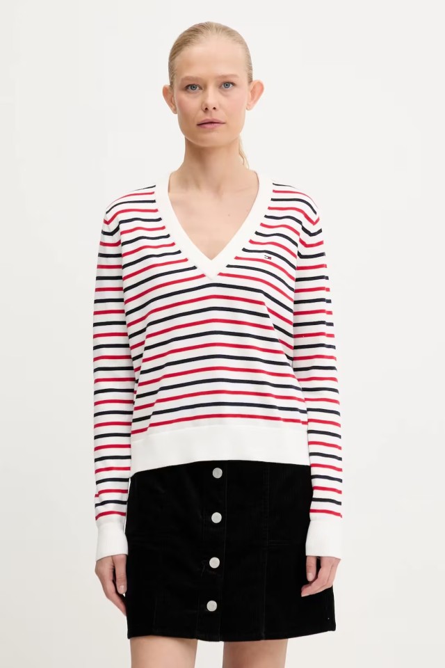Tommy Hilfiger Tjw Essential Vneck Sweater Ext Γυναικείο Πλεκτό Ριγέ Multi