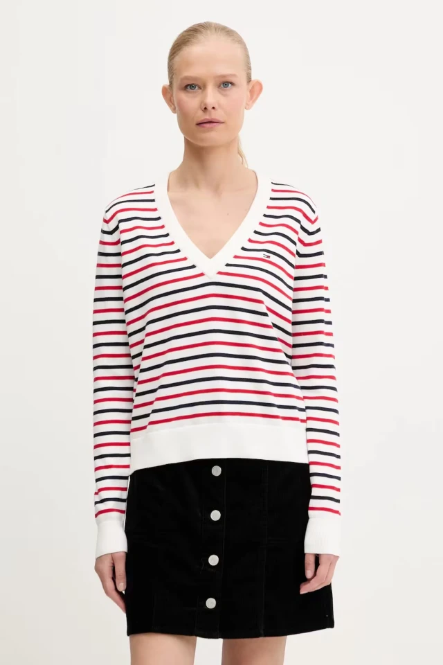 Tommy Hilfiger Tjw Essential Vneck Sweater Ext Γυναικείο Πλεκτό Ριγέ Multi