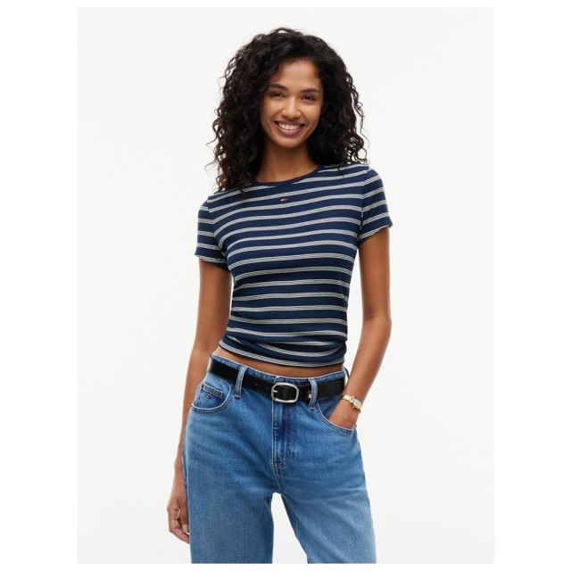 Tommy Hilfiger Tjw Slim Essential Rib Ss Ext Γυναικεία Μπλούζα Ριγέ Λευκό Μπλε