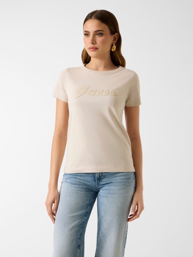 Guess Ss Cn 3d Guess Script Tee Γυναικεία Μπλούζα Μπεζ