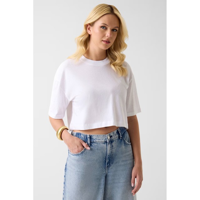 Guess Ss Rhinestone Crop Os Tee Γυναικεία Μπλούζα Boxy Crop Λευκή
