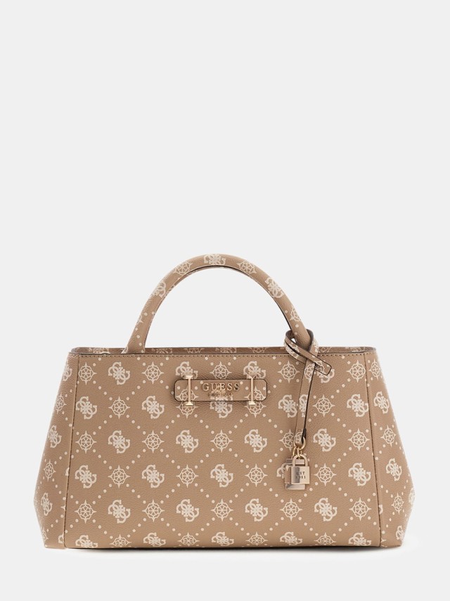 Guess Carrie Logo Grlfrnd Satchel Γυναικεία Τσάντα Μπεζ