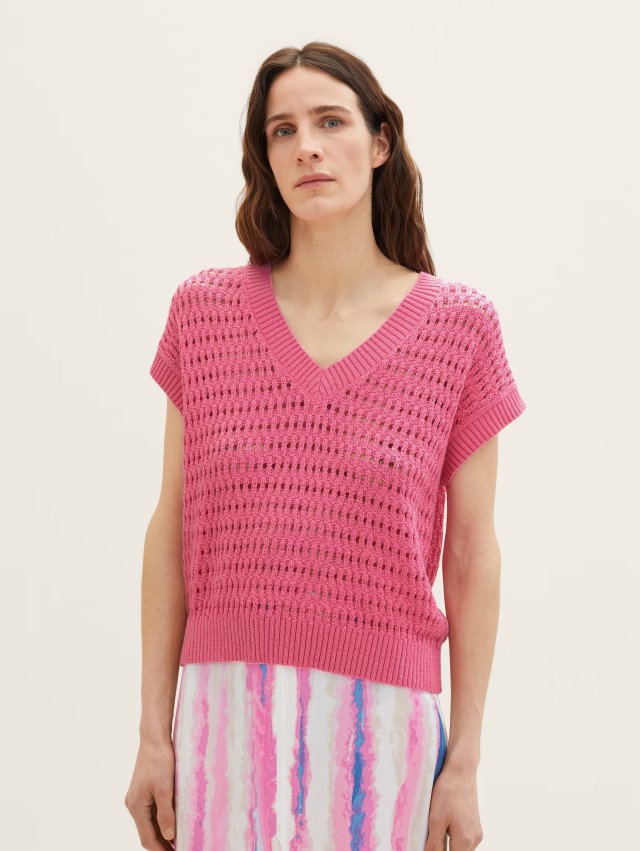 Τom Tailor 304 Knit Vest Open Structu Γυναικείο Πλεκτό Ροζ