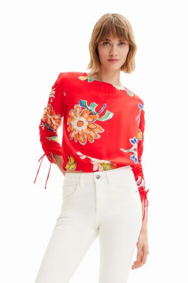 Desigual D1 Blus_Landi Γυναικεια Φλοράλ Μπλουζα Κοκκινο