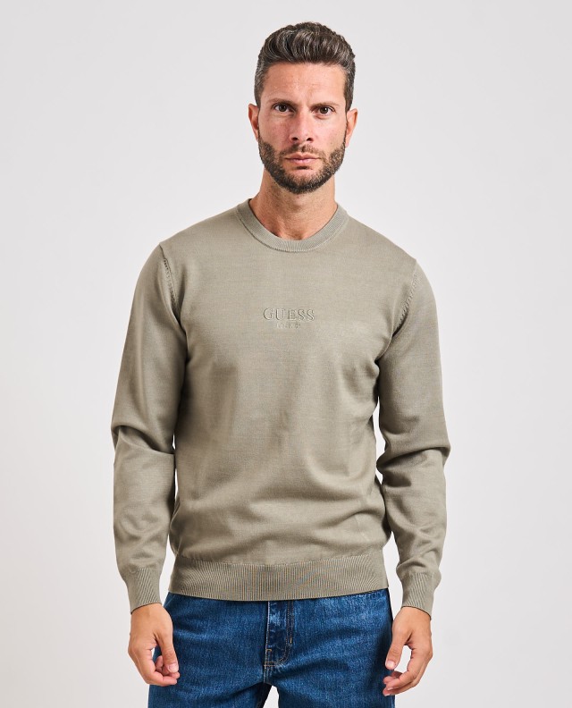 Guess Hervey Cn Ls Logo Tonal Sweate Ανδρικό Πλεκτό Λαδι