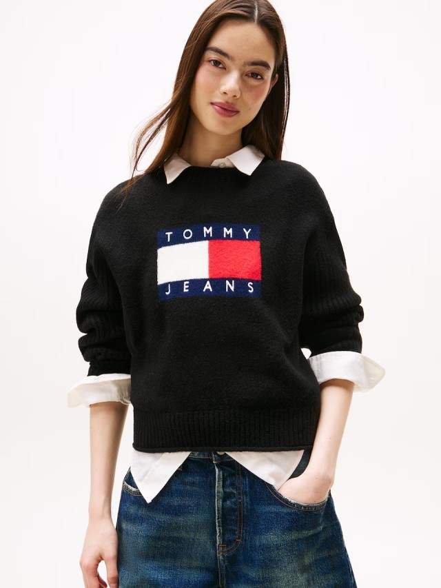 Tommy Hilfiger Tjw Melange Flag Sweater Rib Ext Γυναικείο Πλεκτό Ριπ Μαύρο