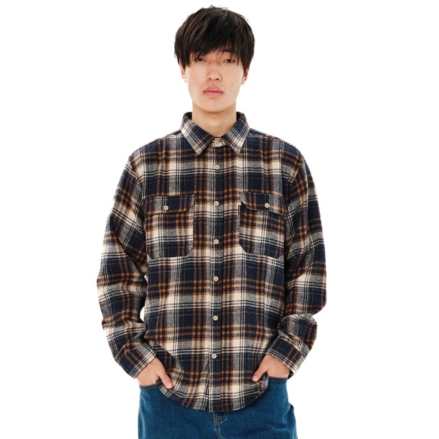 Emerson Mens Button Down Relaxed Flannel Shirt Ανδρικό Πουκάμισο Καρο Μπλε Πορτοκαλι