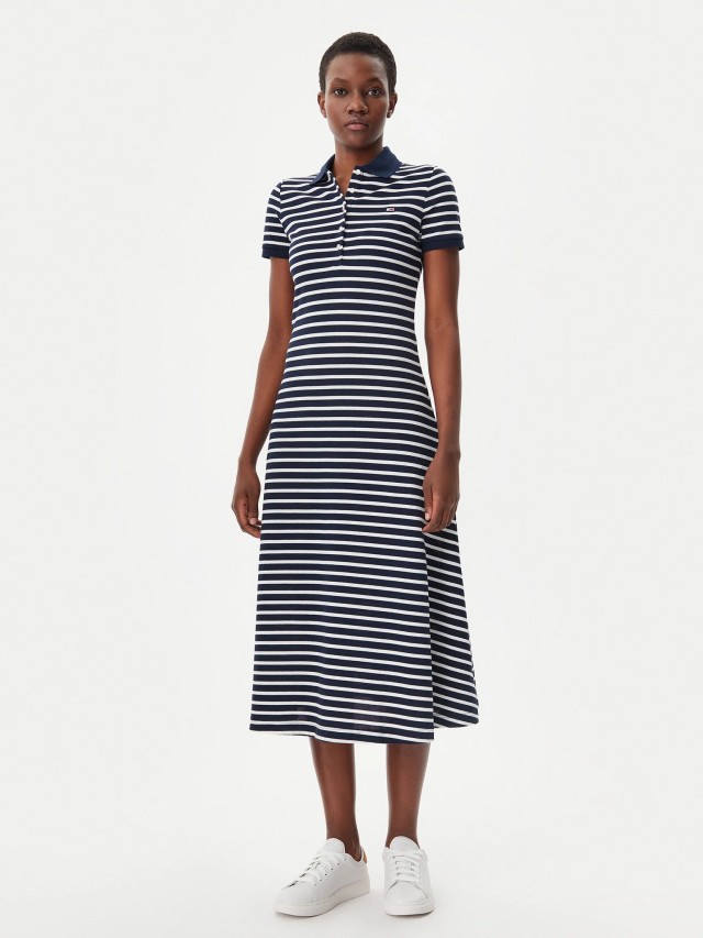 Tommy Hilfiger Tjw Maxi Polo Dress Γυναικείο Φόρεμα Polo Ριγέ Μπλε