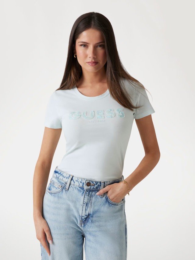 Guess Cn Ss Logo Segquins Tee Γυναικεια Μπλούζα Βεραμαν