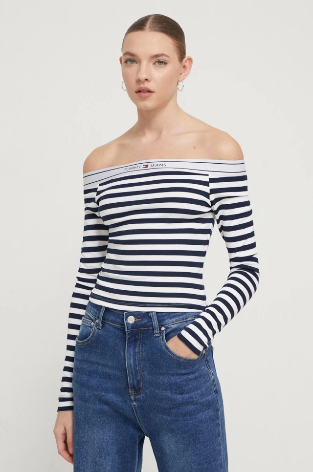Tommy Hilfiger Tjw Stp Logo Tape Off Shoulder Γυναικεία Μπλούζα Μπλε