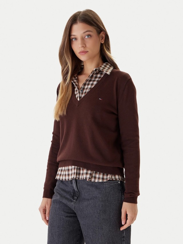 Tommy Hilfiger Tjw Essential Vneck Sweater Ext Γυναικείο Πλεκτό Καφέ