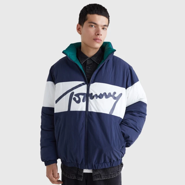 Tommy Hilfiger Tjm Reversible Signature Puffer Ανδρικο Μπουφαν Μπλε Λευκο