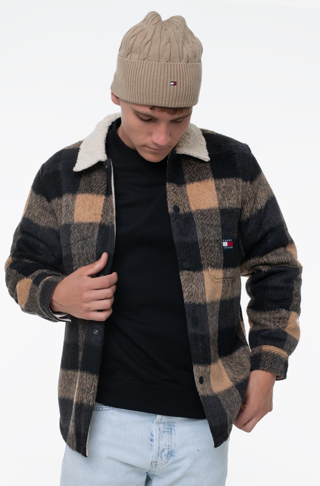 Tommy Hilfiger Tjm Check Teddy Cllr Overshirt Ανδρικό Πουκάμισο Overshirt Fleece Καρο Καφέ Μαύρο