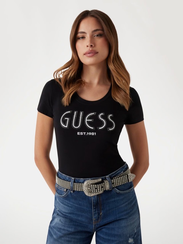Guess Cn Ss Guess Logo Tee Γυναικεία Μπλούζα Μαύρη
