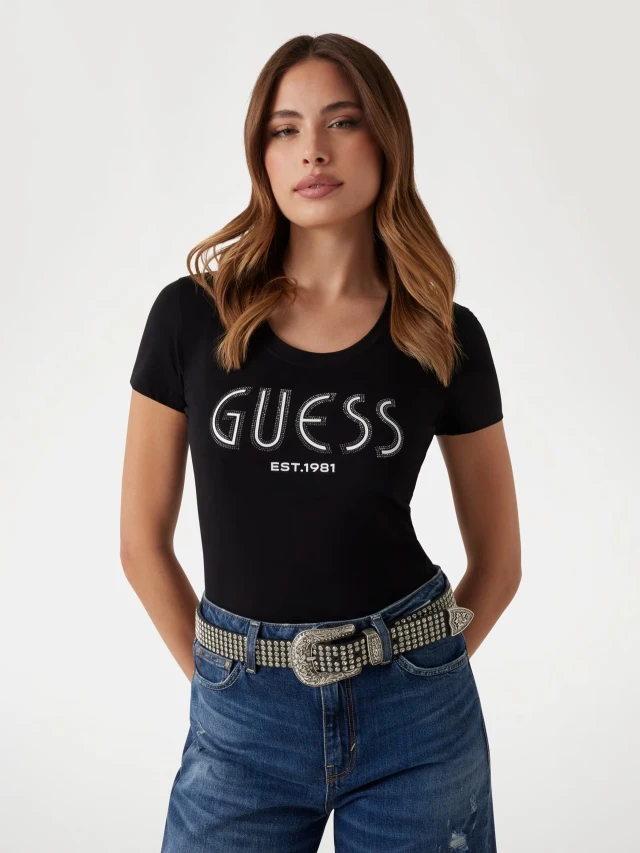 Guess Cn Ss Guess Logo Tee Γυναικεία Μπλούζα Μαύρη