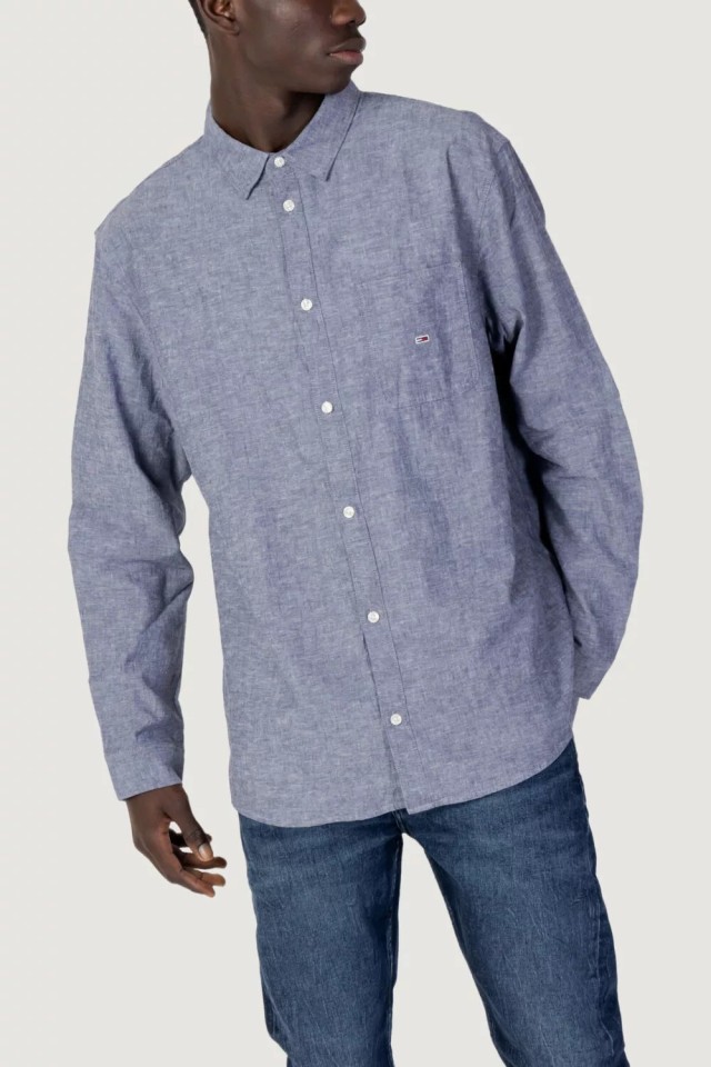 Tommy Hilfiger Tjm Solid Linen Blend Shirt Ls Ανδρικό Πουκάμισο Λινό Μπλε Γκρι