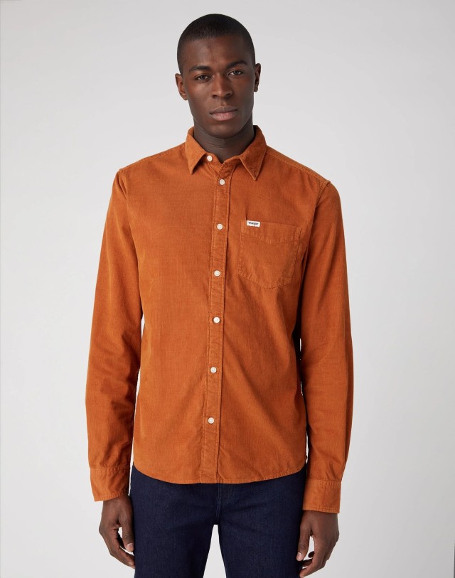 Wrangler 1 Pocket Shirt Leather Brown Ανδρικό Πουκάμισο Κοτλε Ταμπα