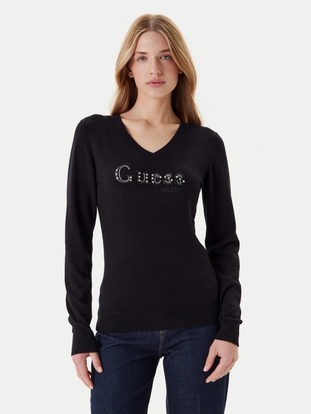 Guess Ls Vn Kenzie Logo Swtr Γυναικείο Πλεκτό Μαύρο