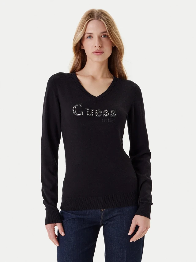 Guess Ls Vn Kenzie Logo Swtr Γυναικείο Πλεκτό Μαύρο