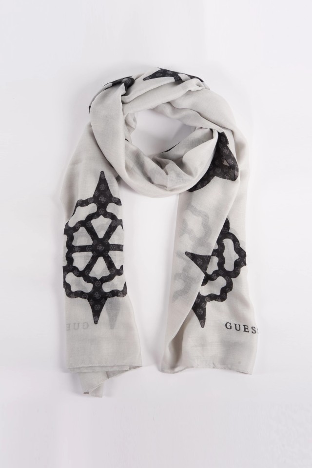 Guess Sestri Logo Maxi Peony Scarf 8 Γυναικείο Φουλαρι Γκρι- Μαύρο