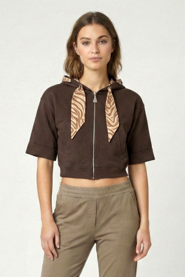 MarkUp Felpa Manica Corta Con Coulisse In Raso Stampato Γυναικείο Φούτερ Ζακετα Σοκολα