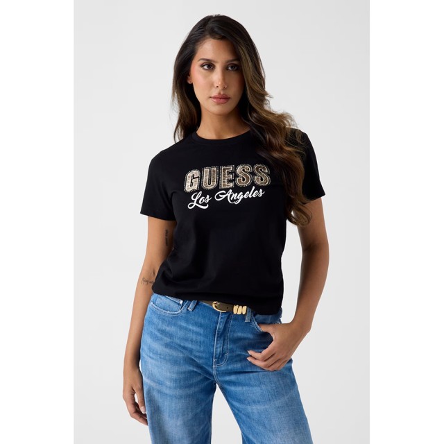 Guess Ss Cn Snake Script Rhinestone Γυναικεία Μπλούζα Μαύρη