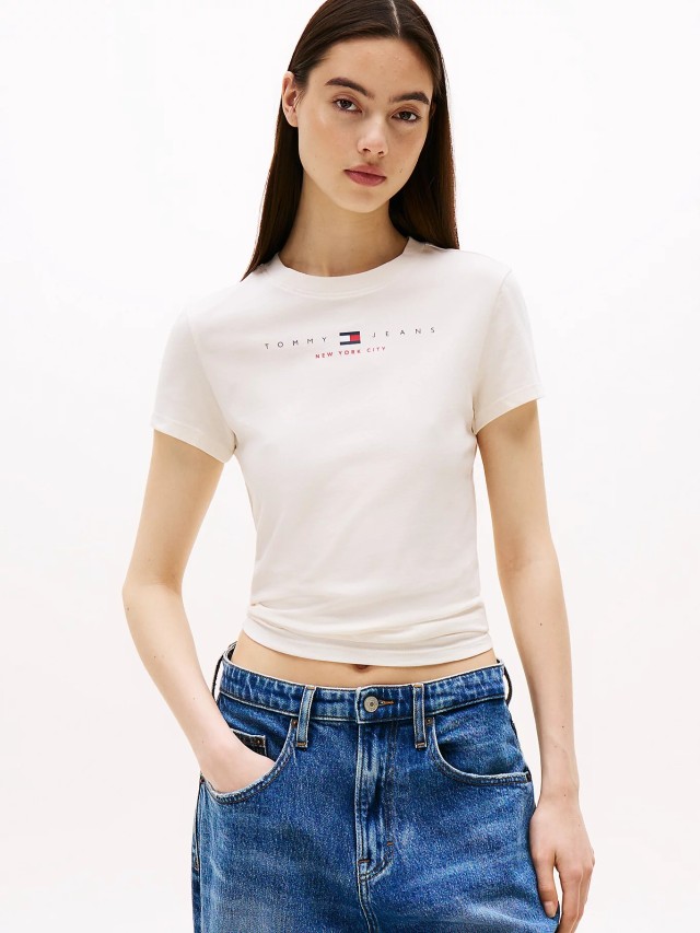 Tommy Hilfiger Tjw Slim Tj Us Linear Ss Tee Γυναικεία Μπλούζα Εκρού