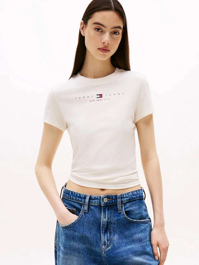 Tommy Hilfiger Tjw Slim Tj Us Linear Ss Tee Γυναικεία Μπλούζα Εκρού